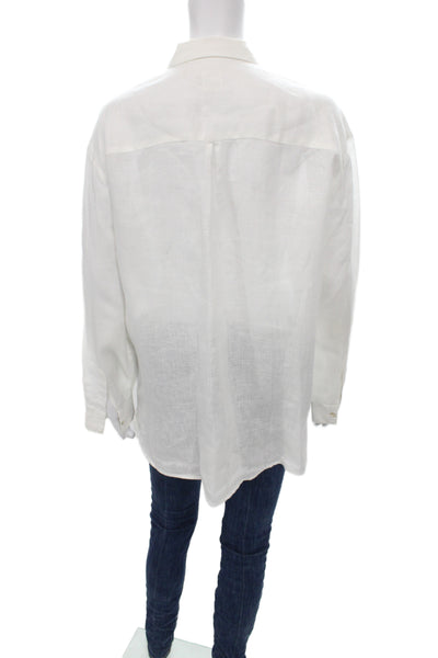 120% Lino Women White Linen Collared Basic Button-Up Long Sleeve Size 42