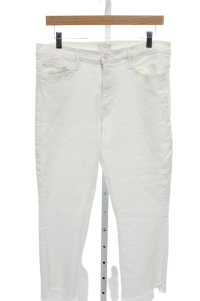 Mother Women Cropped High Rise White Jeans Button Cotton Blend Size 33