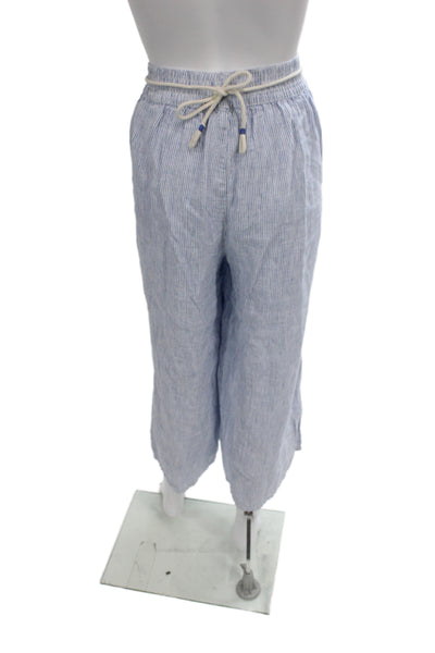 Tahari Women Cropped Linen Striped Pants Blue Pull On Size XL
