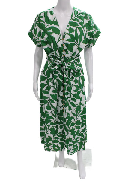 Zara Womens Shirt Dress Green Floral Cotton V Neck Short Sleeve Size M