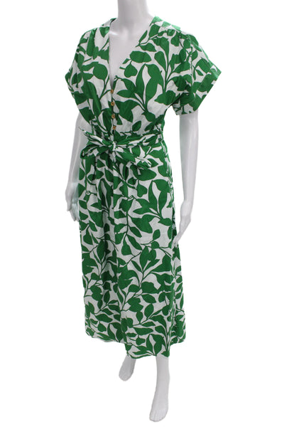 Zara Womens Shirt Dress Green Floral Cotton V Neck Short Sleeve Size M