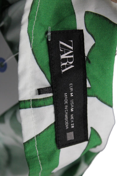 Zara Womens Shirt Dress Green Floral Cotton V Neck Short Sleeve Size M