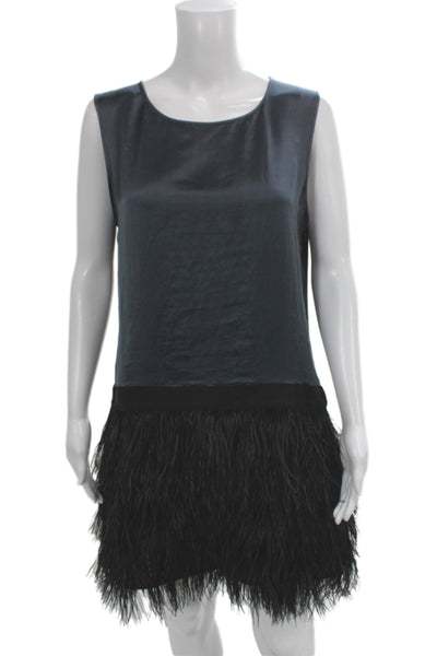 Theory Women Shift Dress Black Sleeveless Round Neck Zip Feather Detail Size 10