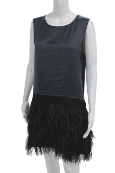 Theory Women Shift Dress Black Sleeveless Round Neck Zip Feather Detail Size 10