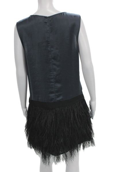 Theory Women Shift Dress Black Sleeveless Round Neck Zip Feather Detail Size 10