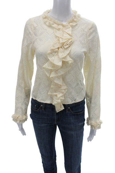 Zara Women Floral Victorian High Neck Cotton Blouse Long Sleeve Button Size XS