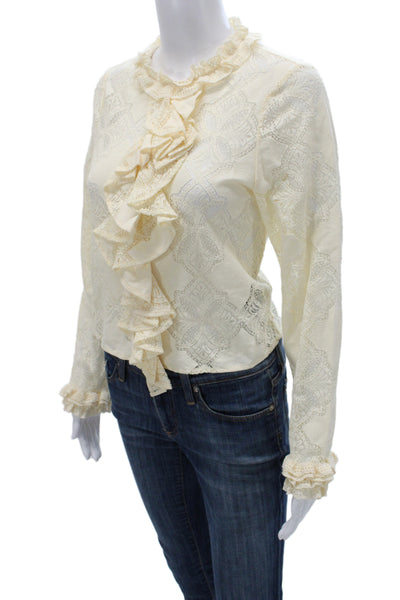 Zara Women Floral Victorian High Neck Cotton Blouse Long Sleeve Button Size XS