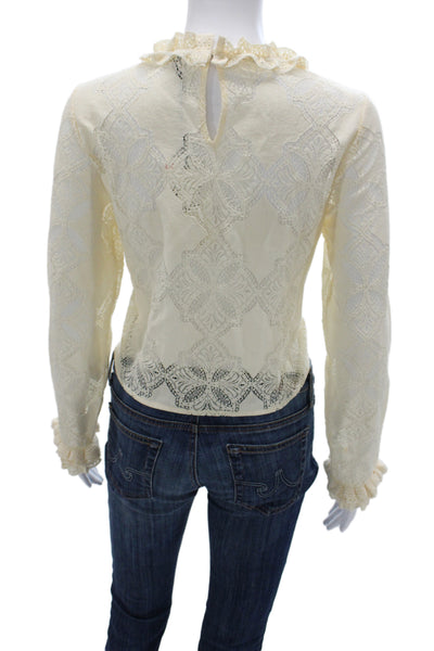 Zara Women Floral Victorian High Neck Cotton Blouse Long Sleeve Button Size XS