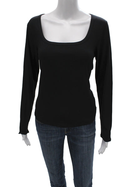 Athleta Women Basic Black Knit Square Neck Long Sleeve T-Shirt Pullover Size L