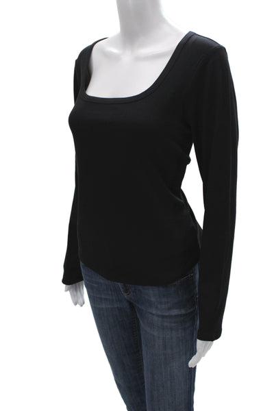 Athleta Women Basic Black Knit Square Neck Long Sleeve T-Shirt Pullover Size L