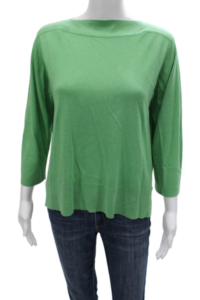 Kinross Cashmere Women Silk Pullover Sweater Boatneck 3/4 Sleeve Green Size XS