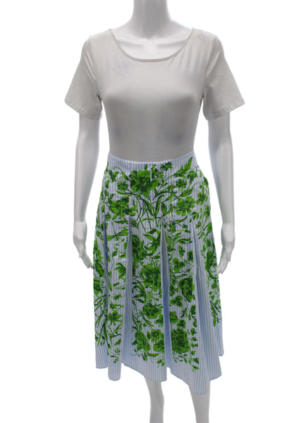 Gucci Women Pleated Floral Blue Cotton Midi Skirt Size 40