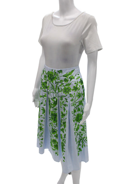 Gucci Women Pleated Floral Blue Cotton Midi Skirt Size 40