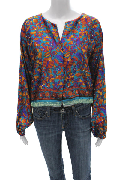 Muze Womens Cropped Silk Floral V-Neck Long Sleeve Boho Blouse Size S