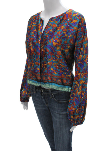 Muze Womens Cropped Silk Floral V-Neck Long Sleeve Boho Blouse Size S