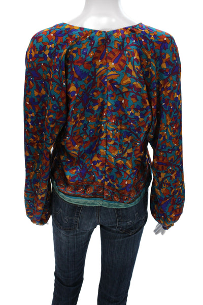 Muze Womens Cropped Silk Floral V-Neck Long Sleeve Boho Blouse Size S
