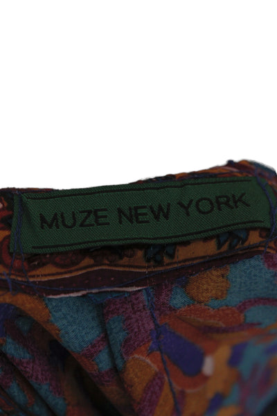 Muze Womens Cropped Silk Floral V-Neck Long Sleeve Boho Blouse Size S