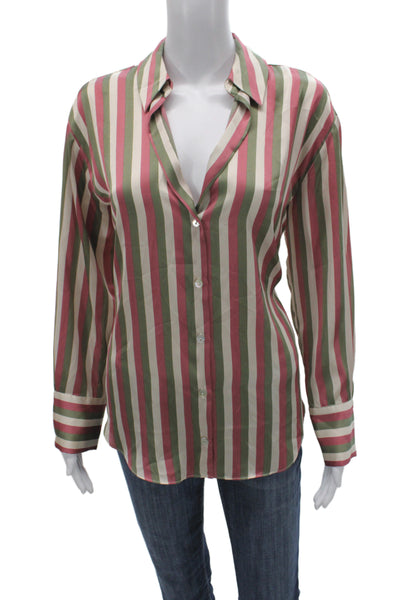 Zara Women Satin Striped Collared Button-Up Long Sleeve Basic Multicolor Size S