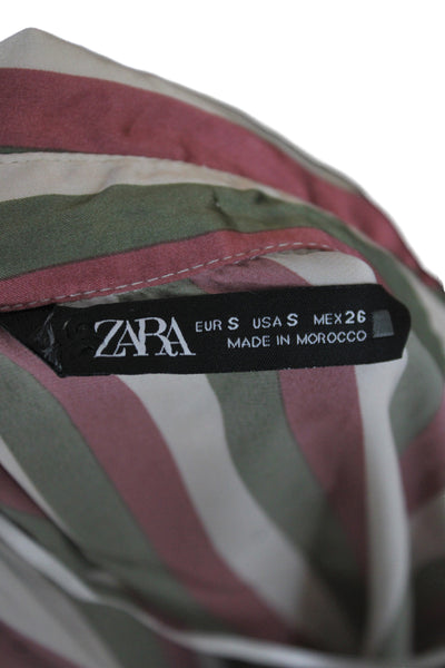 Zara Women Satin Striped Collared Button-Up Long Sleeve Basic Multicolor Size S