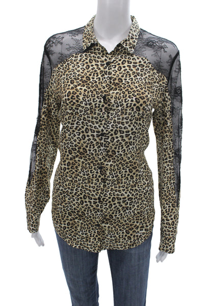 The Kooples Women Silk Leopard Button-Up Long Sleeve Top Multi Size S
