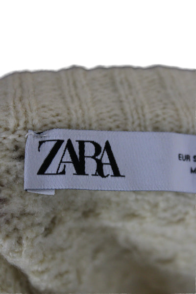 Zara Women Pullover Sweater Ivory Crew Neck Long Sleeve Acrylic Bohemian Size S