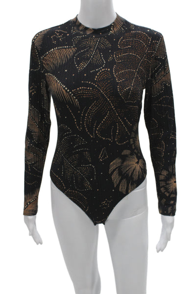 Farm Rio Women Black Floral Ribbed Knit Mock Neck One Piece Long Sleeve Size M