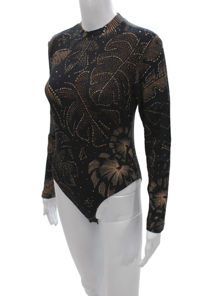 Farm Rio Women Black Floral Ribbed Knit Mock Neck One Piece Long Sleeve Size M