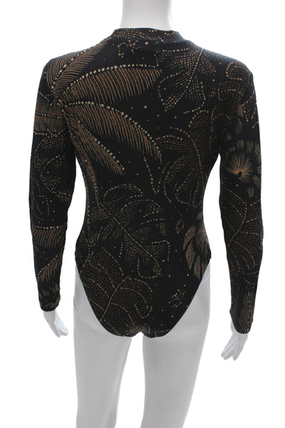 Farm Rio Women Black Floral Ribbed Knit Mock Neck One Piece Long Sleeve Size M