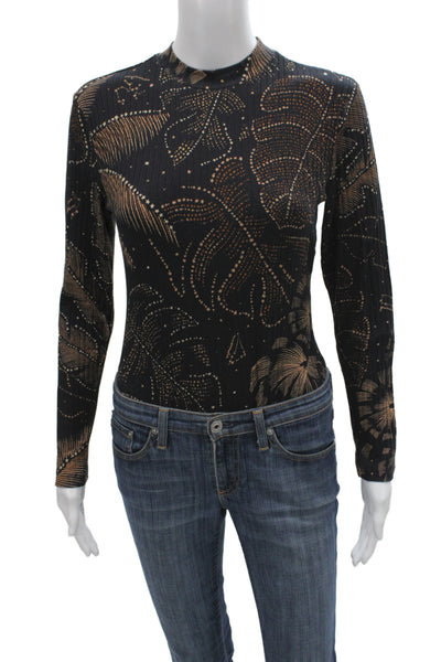 Farm Rio Women Black Floral Ribbed Knit Mock Neck One Piece Long Sleeve Size M