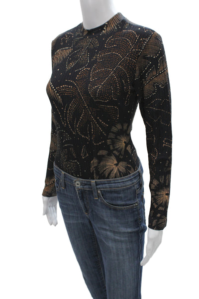 Farm Rio Women Black Floral Ribbed Knit Mock Neck One Piece Long Sleeve Size M
