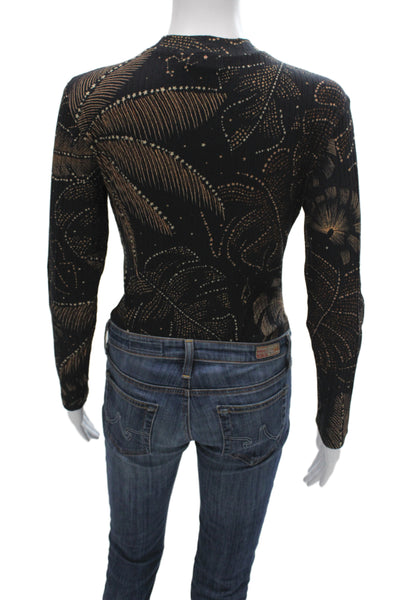 Farm Rio Women Black Floral Ribbed Knit Mock Neck One Piece Long Sleeve Size M