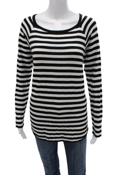 Michael Michael Kors Women Striped Black Scoop Neck Long Sleeve T-Shirt Size M
