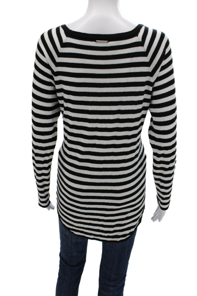 Michael Michael Kors Women Striped Black Scoop Neck Long Sleeve T-Shirt Size M