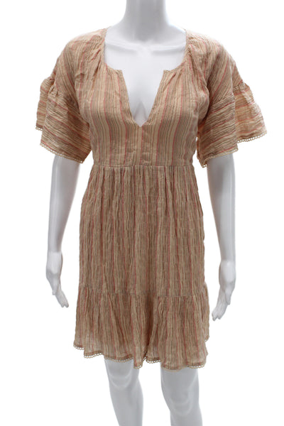 dRA Los Angeles Womens Beige Striped Cotton V Neck Sundress Short Sleeve Size L