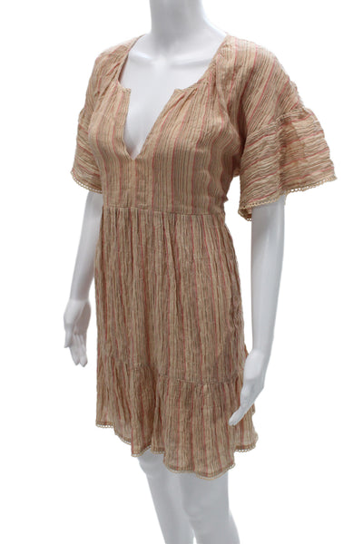 dRA Los Angeles Womens Beige Striped Cotton V Neck Sundress Short Sleeve Size L