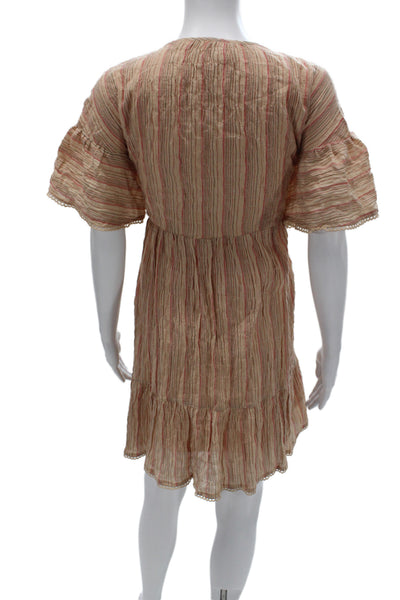 dRA Los Angeles Womens Beige Striped Cotton V Neck Sundress Short Sleeve Size L