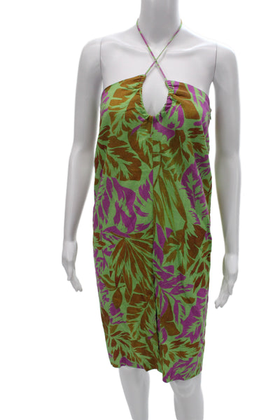 Zara Womens Sundress Green Floral Linen Halter Sleeveless Mid-Calf Zip Size S
