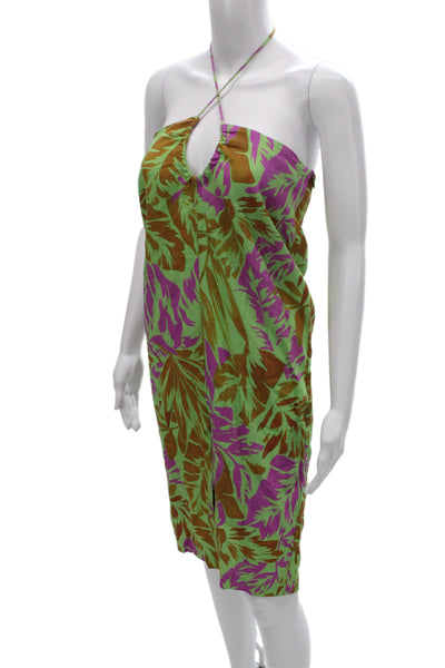 Zara Womens Sundress Green Floral Linen Halter Sleeveless Mid-Calf Zip Size S