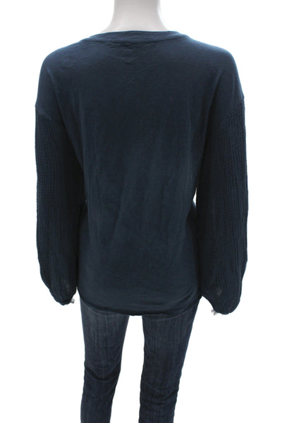 Velvet Womens Blue Cotton Basic Blouse Long Sleeve Round Neck Size L