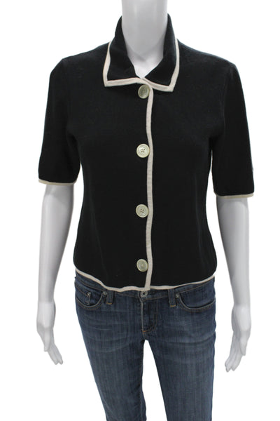 Lauren Ralph Lauren Women Black Cotton Collared Short Sleeve Cardigan Size S