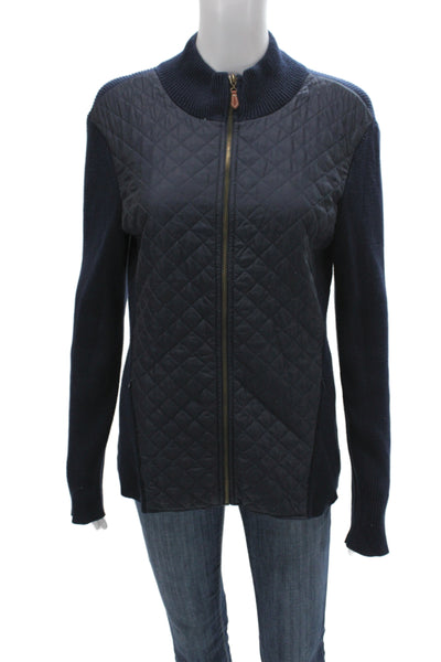 J. Mclaughlin Women Quilted Blue Cotton Blend Zip Long Sleeve Jacket Size M