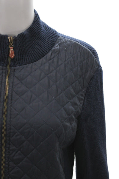 J. Mclaughlin Women Quilted Blue Cotton Blend Zip Long Sleeve Jacket Size M