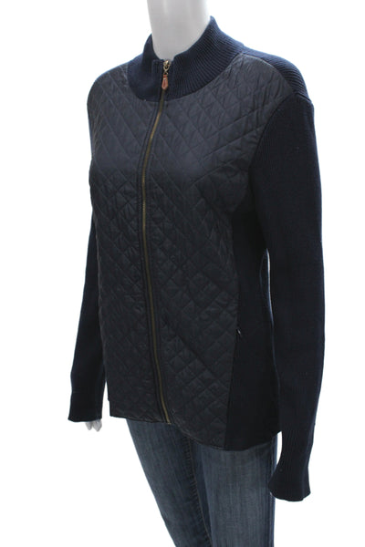 J. Mclaughlin Women Quilted Blue Cotton Blend Zip Long Sleeve Jacket Size M