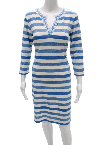 J. Mclaughlin Women Sheath Dress Blue Striped V-Neck 3/4 Sleeve Size M