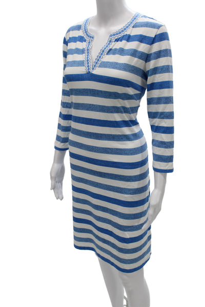 J. Mclaughlin Women Sheath Dress Blue Striped V-Neck 3/4 Sleeve Size M