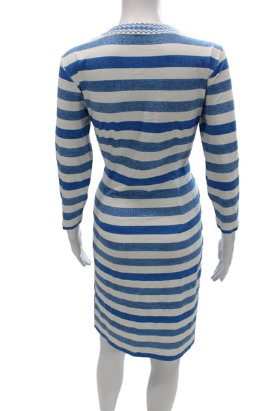 J. Mclaughlin Women Sheath Dress Blue Striped V-Neck 3/4 Sleeve Size M