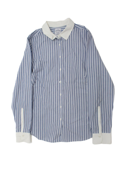 Brooks Brothers Childrens Boys Striped Dress Shirt White Blue Cotton Size 10