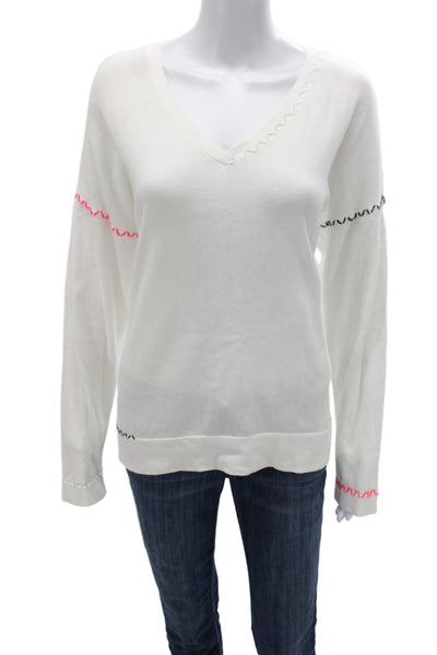 Lisa Todd Womens V-Neck Pullover Sweater White Cotton Long Sleeve Boho Size XL