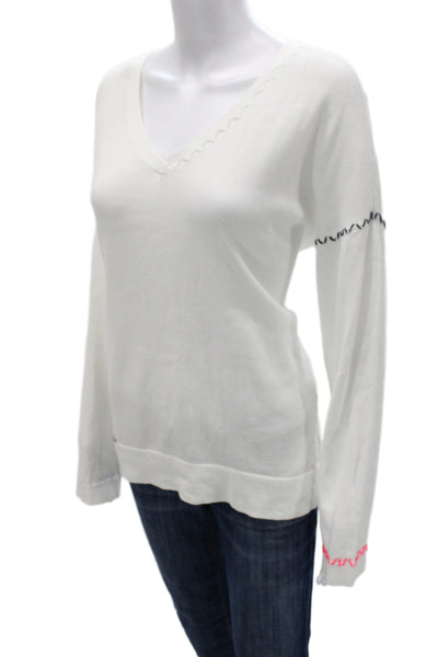Lisa Todd Womens V-Neck Pullover Sweater White Cotton Long Sleeve Boho Size XL
