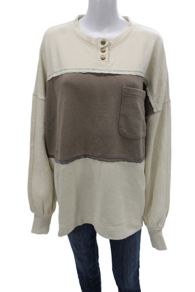 Free People Womens Ivory Colorblock Henley Sweatshirt Cotton Size S